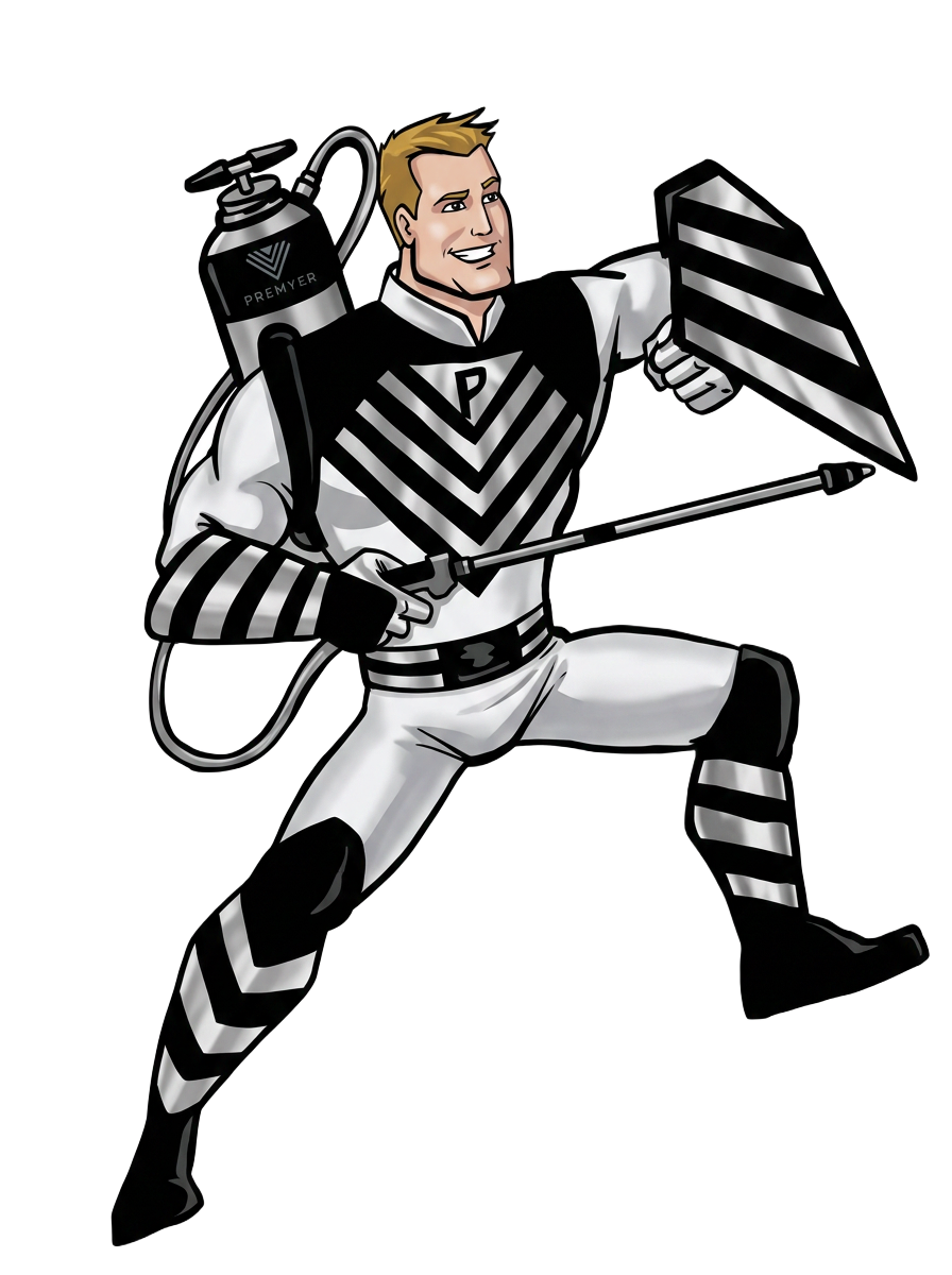 Super Premyer, mascote da Premyer com equipamento de impermeabilização